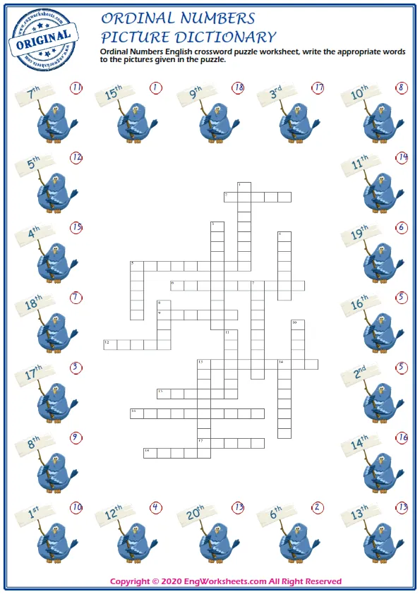 Ordinal Numbers English crossword puzzle worksheet, write the appropriate words to the pictures given in the puzzle.