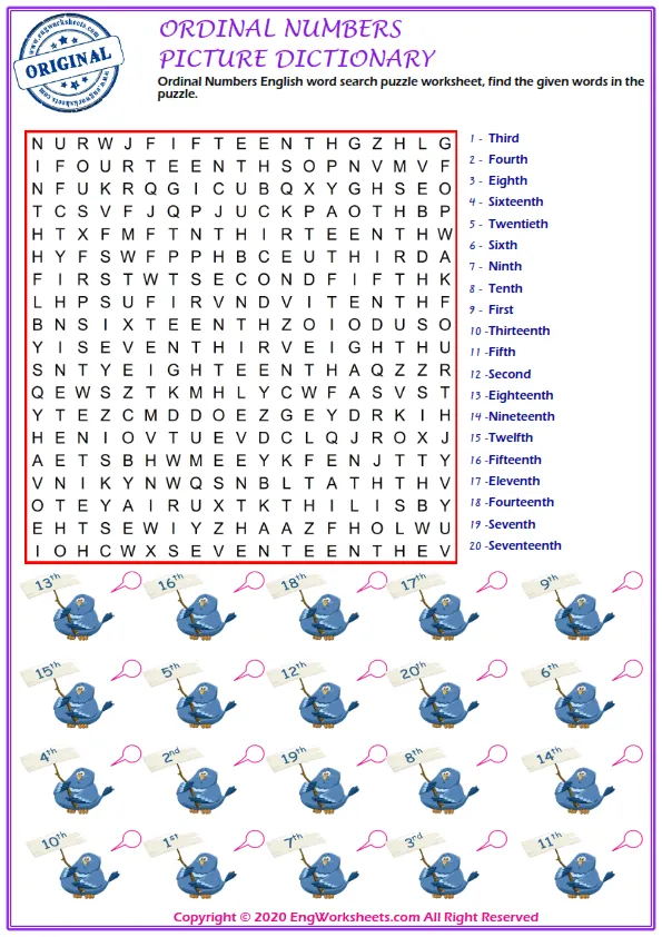 Ordinal Numbers English word search puzzle worksheet, find the given words in the puzzle.