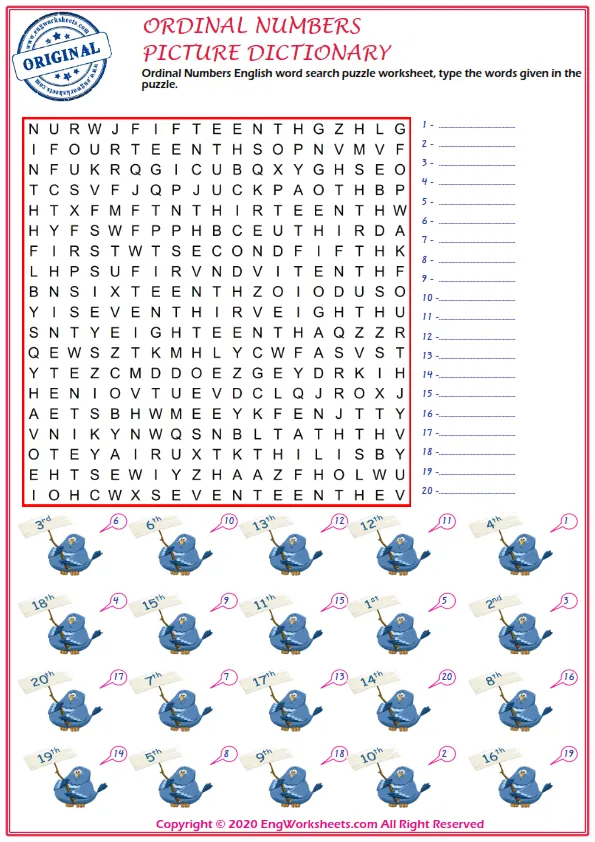 Ordinal Numbers English word search puzzle worksheet, type the words given in the puzzle. Worksheet Preview
