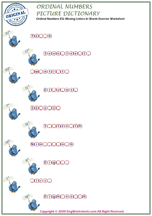 Ordinal Numbers ESL Missing Letters In Words Exercise Worksheet Worksheet Preview