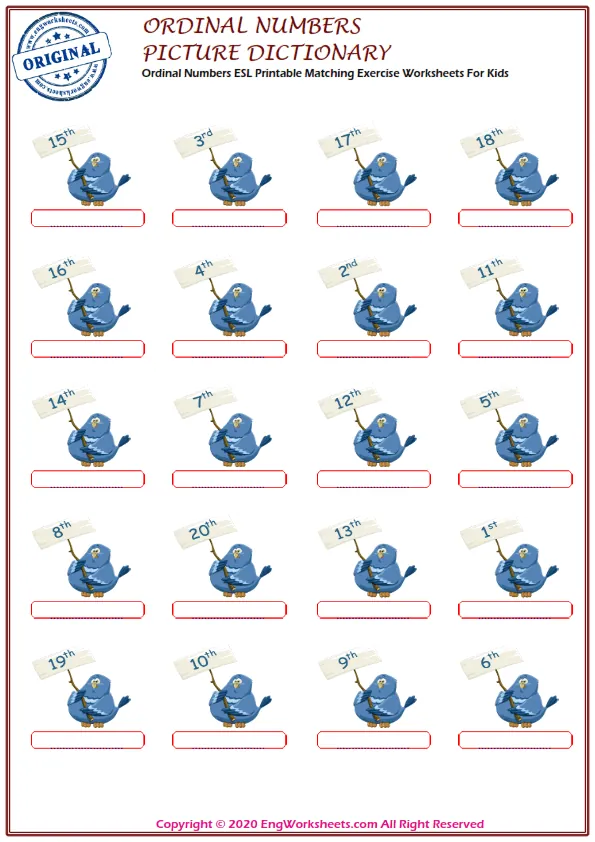 Ordinal Numbers ESL Printable Matching Exercise Worksheets For Kids Worksheet Preview