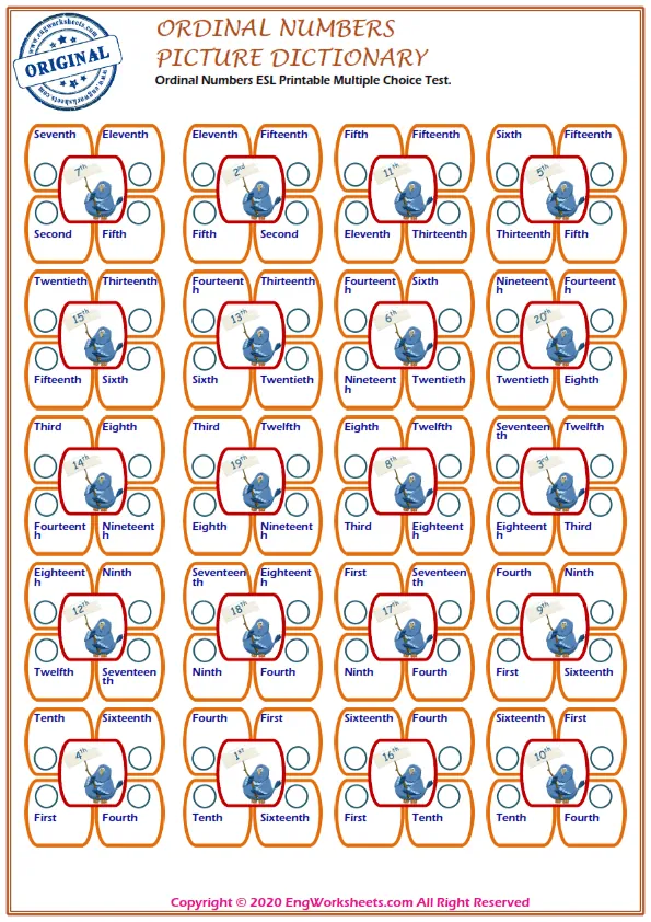 Ordinal Numbers ESL Printable Multiple Choice Test.