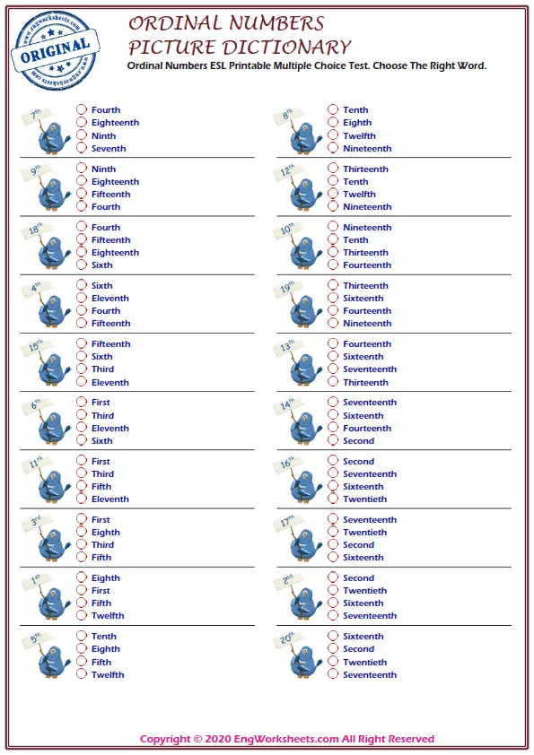 Ordinal Numbers ESL Printable Multiple Choice Test. Choose The Right Word. Worksheet Preview