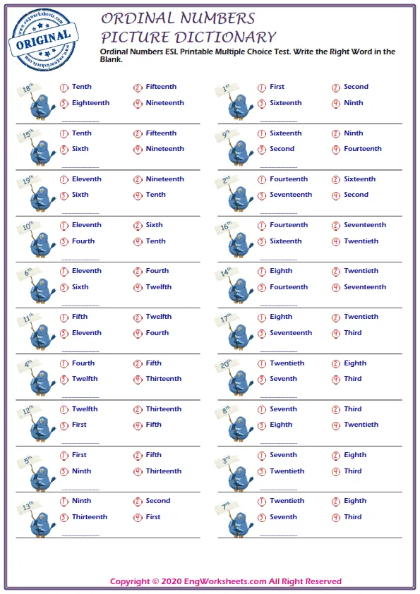Ordinal Numbers ESL Printable Multiple Choice Test. Write the Right Word in the Blank.