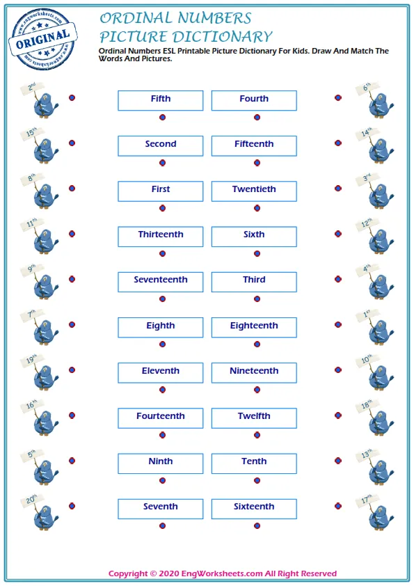 Ordinal Numbers ESL Printable Picture Dictionary For Kids. Draw And Match The Words And Pictures.