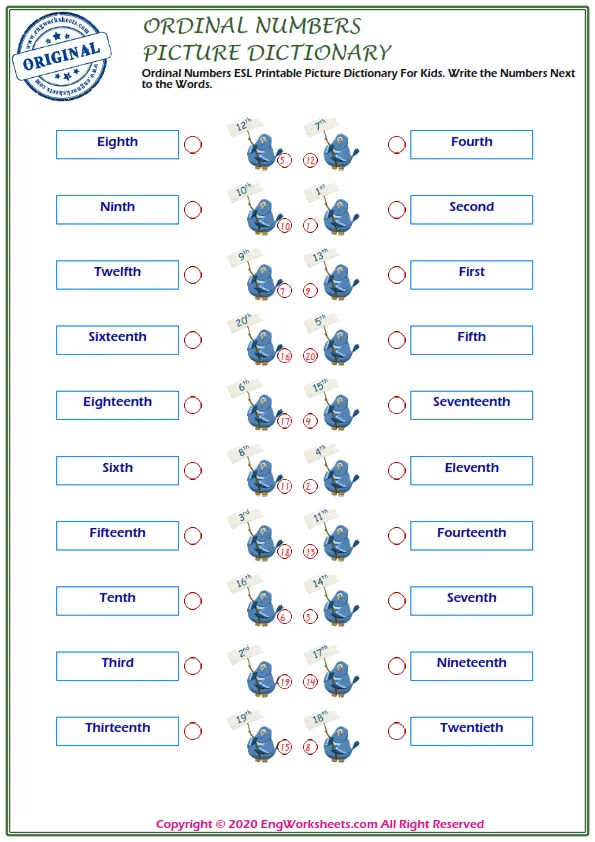 Ordinal Numbers ESL Printable Picture Dictionary For Kids. Write the Numbers Next to the Words.