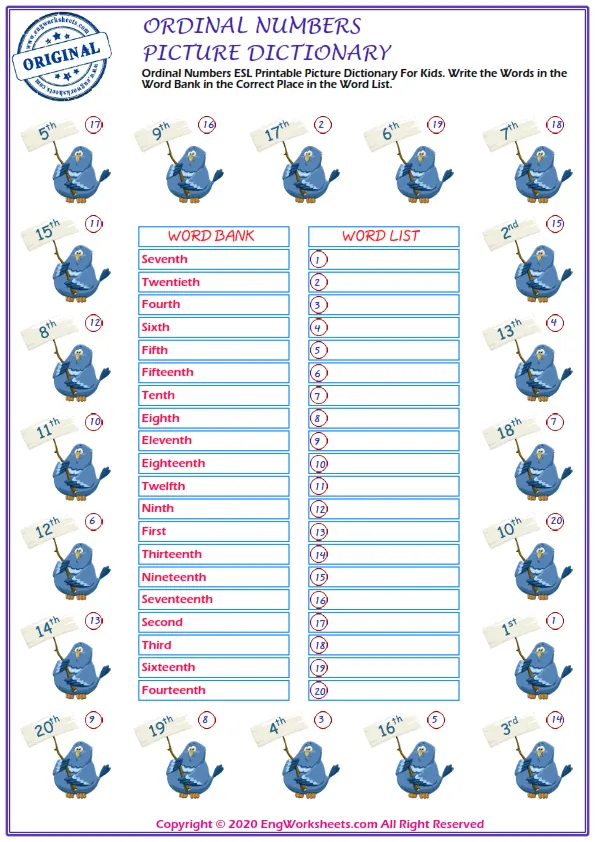Ordinal Numbers ESL Printable Picture Dictionary For Kids. Write the Words in the Word Bank in the Correct Place in the Word List. Worksheet Preview