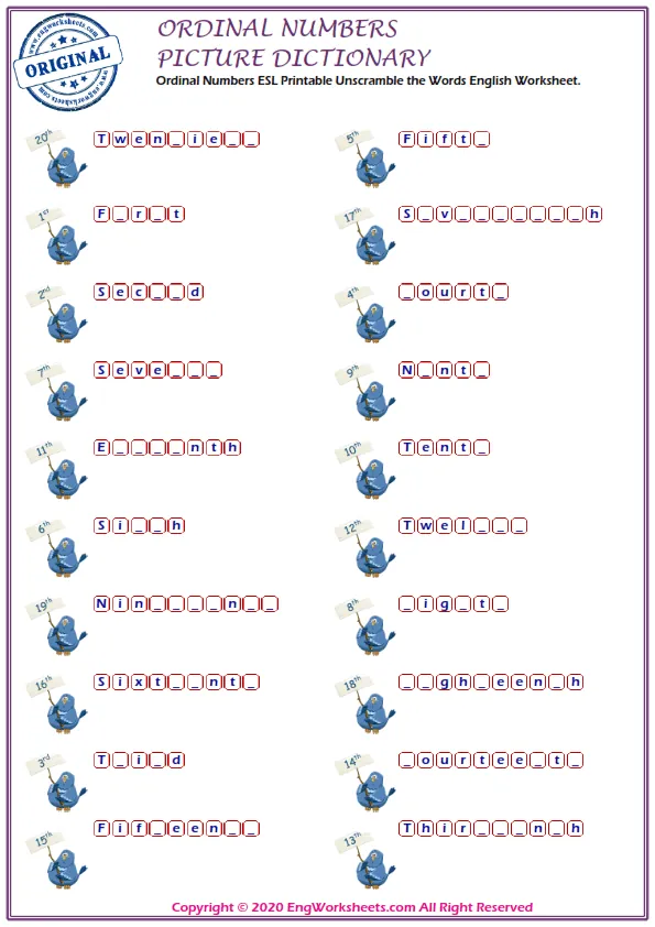 Ordinal Numbers ESL Printable Unscramble the Words English Worksheet.