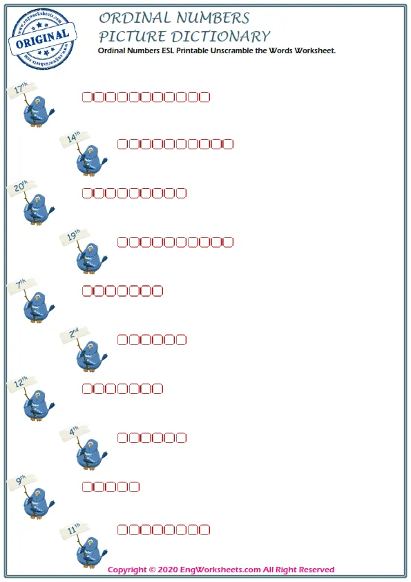 Ordinal Numbers ESL Printable Unscramble the Words Worksheet. Worksheet Preview