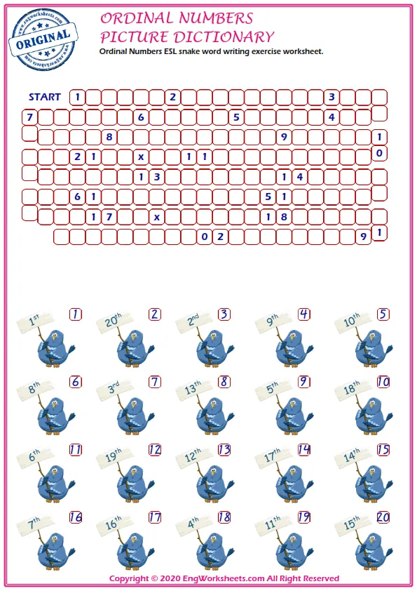 Ordinal Numbers ESL snake word writing exercise worksheet.