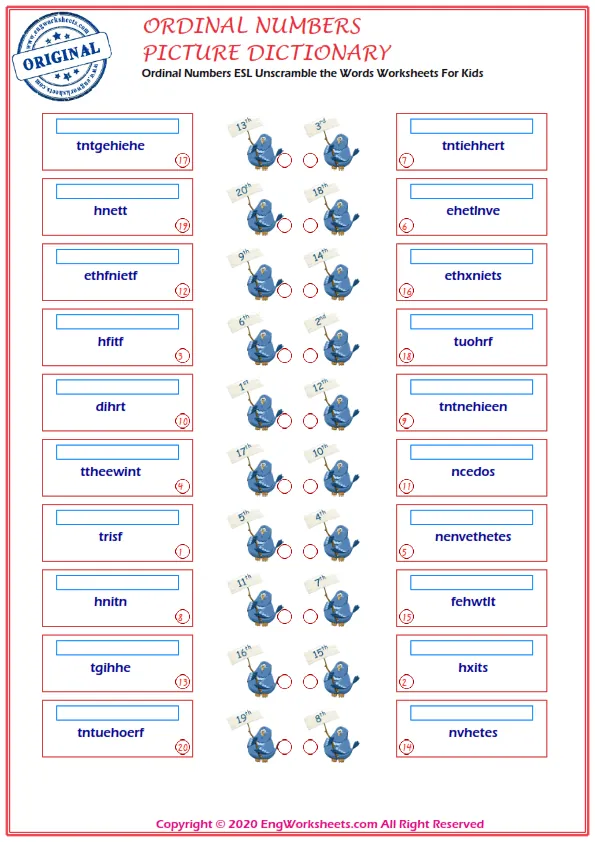 Ordinal Numbers ESL Unscramble the Words Worksheets For Kids Worksheet Preview