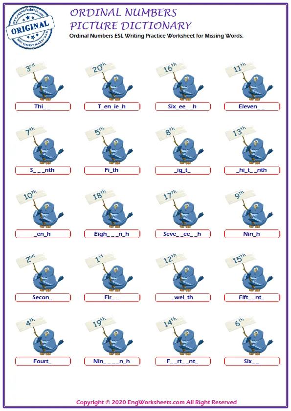 Ordinal Numbers ESL Writing Practice Worksheet for Missing Words.