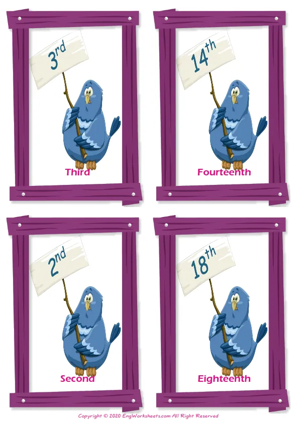 Ordinal Numbers vocabulary worksheet with words, four images per page