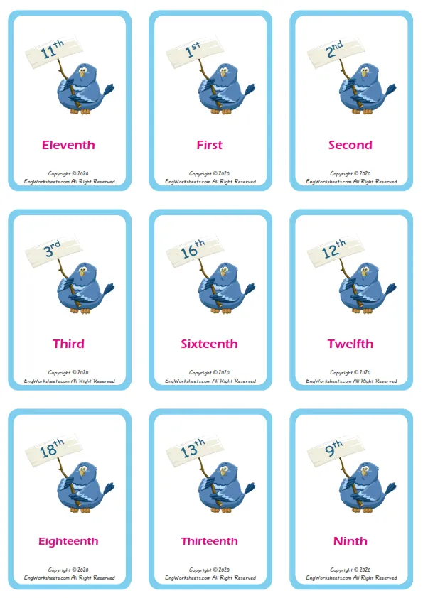 Ordinal Numbers vocabulary worksheet with words, nine images per page