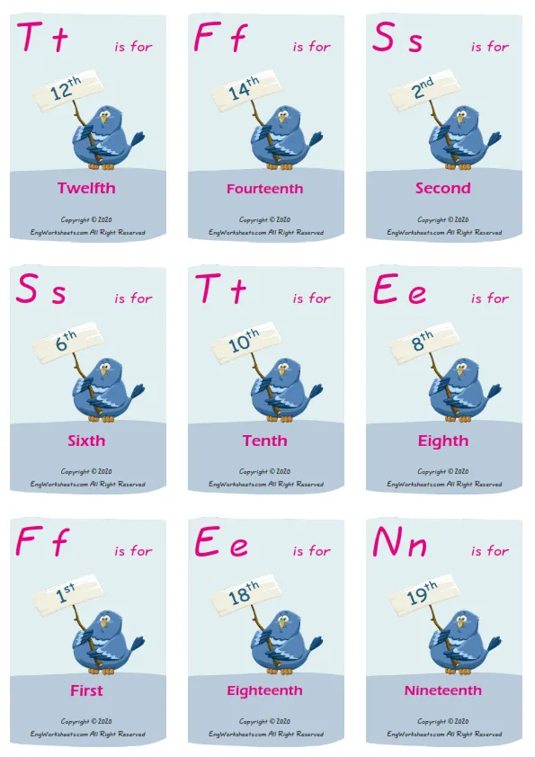 Ordinal Numbers vocabulary worksheet with words, nine images per page