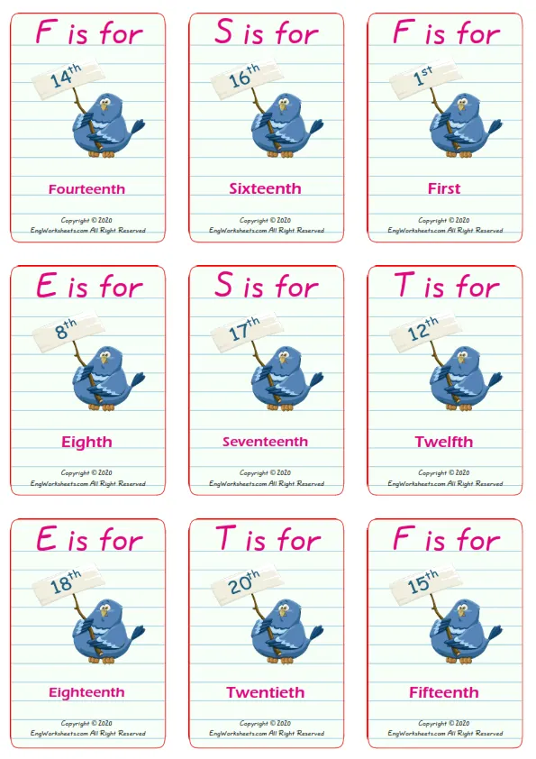 Ordinal Numbers vocabulary worksheet with words, nine images per page