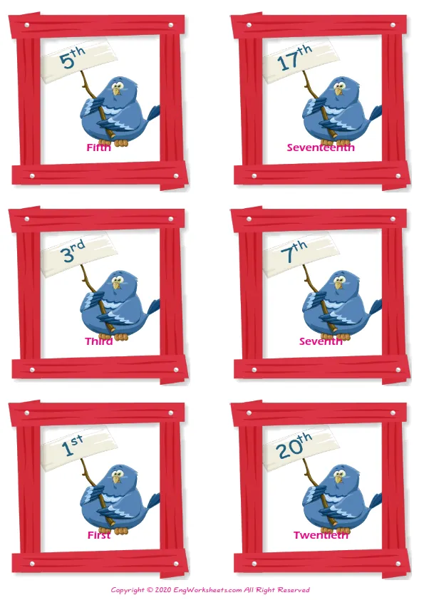 Ordinal Numbers vocabulary worksheet with words, six images per page