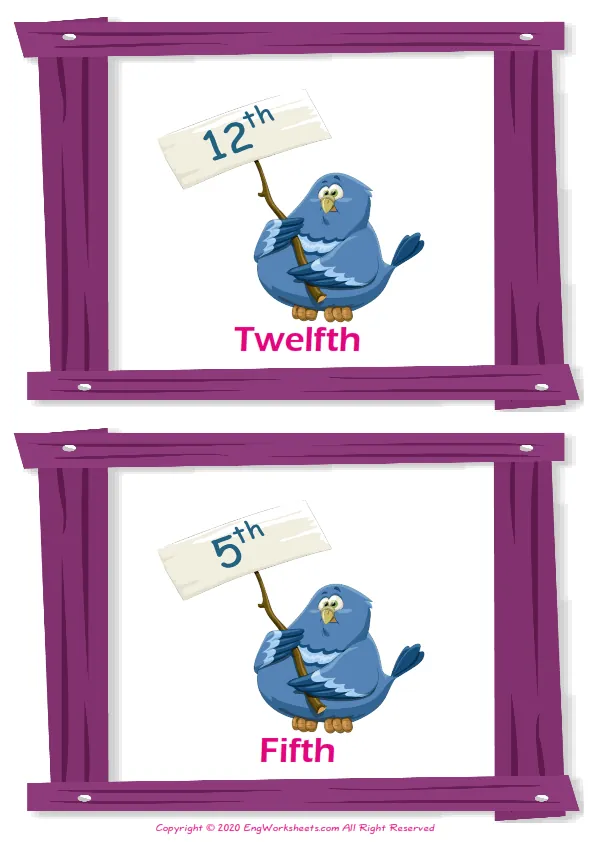 Ordinal Numbers vocabulary worksheet with words, two images per page