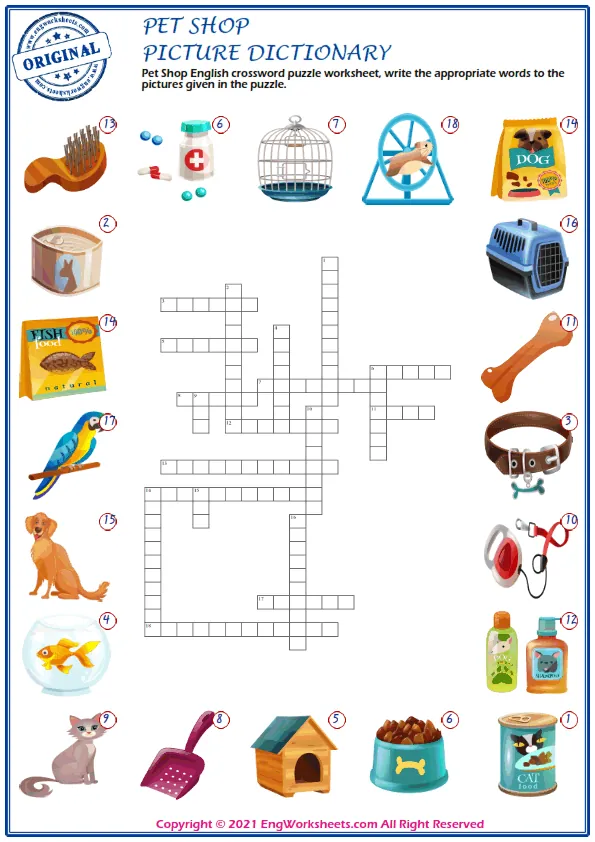 Pet Shop English crossword puzzle worksheet, write the appropriate words to the pictures given in the puzzle.