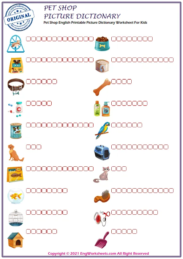 Pet Shop English Printable Picture Dictionary Worksheet For Kids