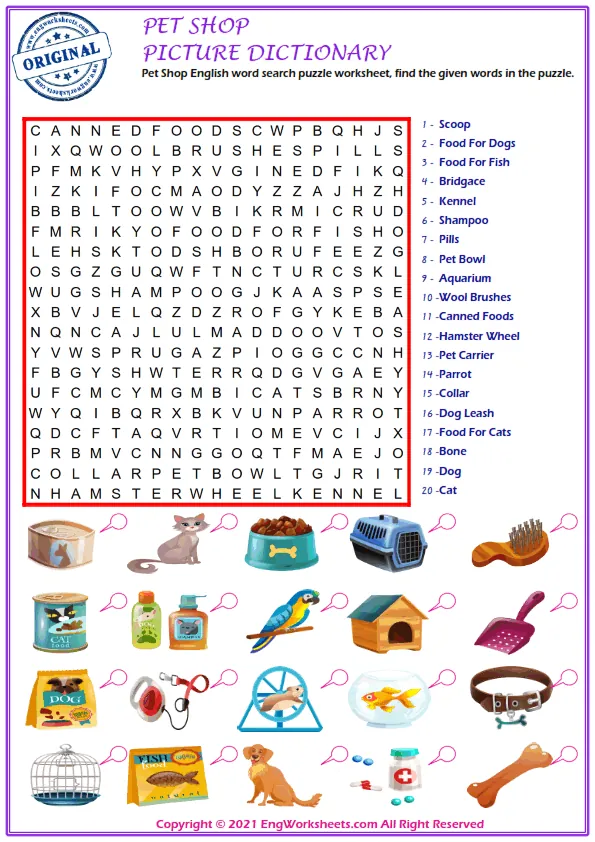 Pet Shop English word search puzzle worksheet, find the given words in the puzzle. Worksheet Preview