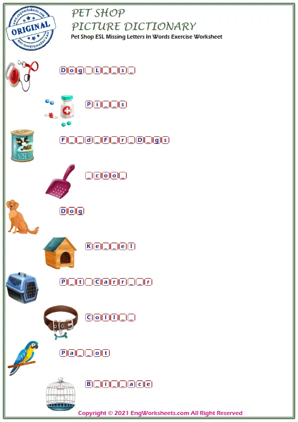 Pet Shop ESL Missing Letters In Words Exercise Worksheet