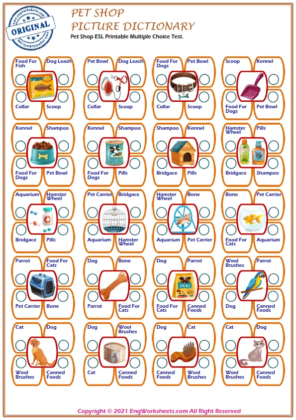 Pet Shop ESL Printable Multiple Choice Test.