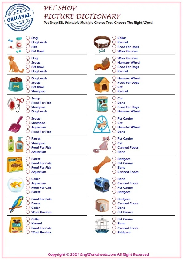 Pet Shop ESL Printable Multiple Choice Test. Choose The Right Word.
