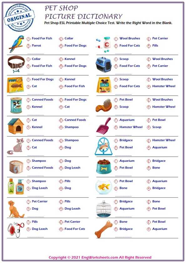 Pet Shop ESL Printable Multiple Choice Test. Write the Right Word in the Blank.