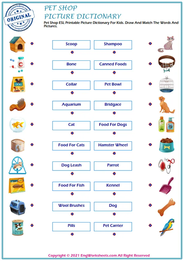 Pet Shop ESL Printable Picture Dictionary For Kids. Draw And Match The Words And Pictures. Worksheet Preview