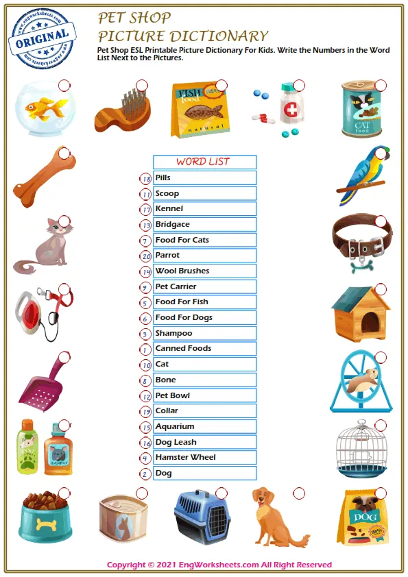 Pet Shop ESL Printable Picture Dictionary For Kids. Write the Numbers in the Word List Next to the Pictures.