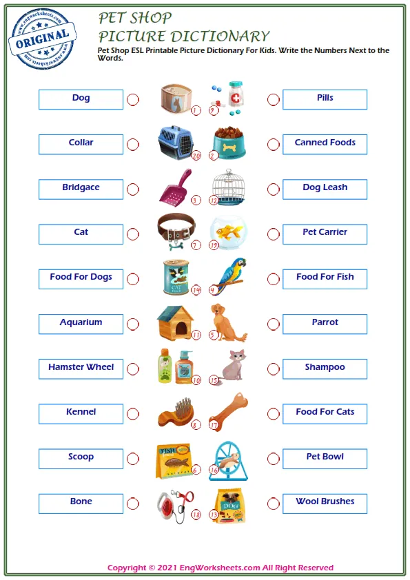 Pet Shop ESL Printable Picture Dictionary For Kids. Write the Numbers Next to the Words. Worksheet Preview