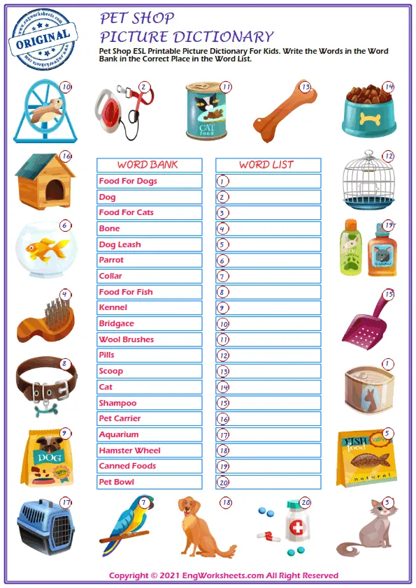 Pet Shop ESL Printable Picture Dictionary For Kids. Write the Words in the Word Bank in the Correct Place in the Word List. Worksheet Preview