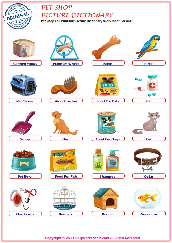 Pet Shop ESL Printable Picture Dictionary Worksheet For Kids