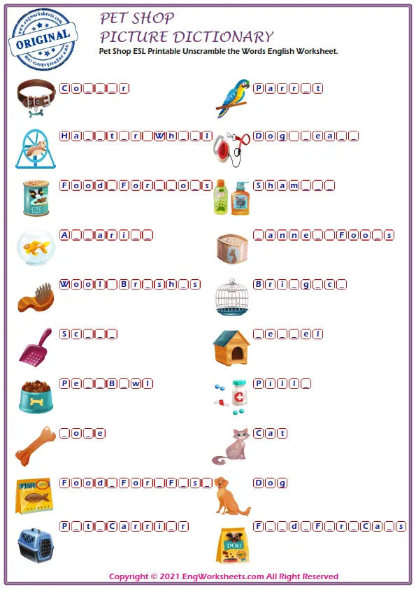Pet Shop ESL Printable Unscramble the Words English Worksheet. Worksheet Preview