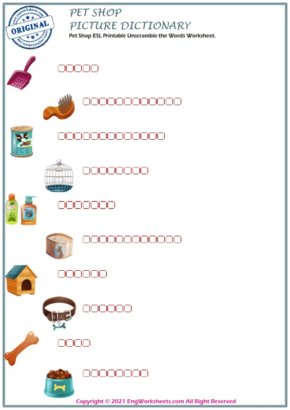 Pet Shop ESL Printable Unscramble the Words Worksheet.