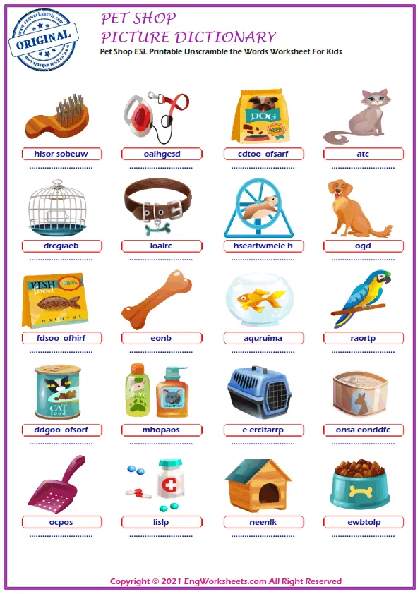 Pet Shop ESL Printable Unscramble the Words Worksheet For Kids