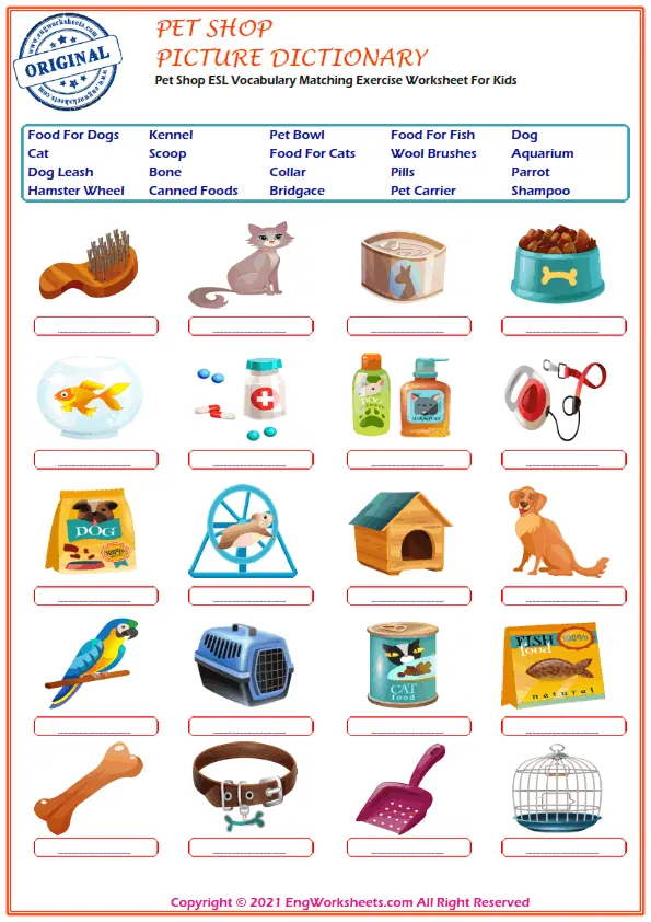 Pet Shop ESL Vocabulary Matching Exercise Worksheet For Kids