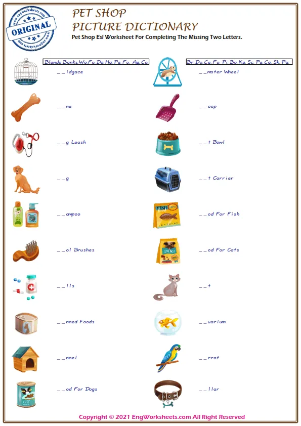 Pet Shop Esl Worksheet For Completing The Missing Two Letters.