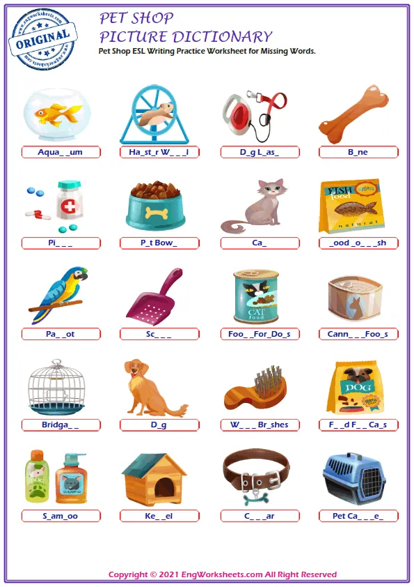 Pet Shop ESL Writing Practice Worksheet for Missing Words. Worksheet Preview
