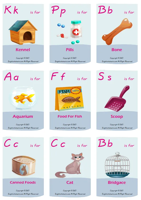 Pet Shop vocabulary worksheet with words, nine images per page