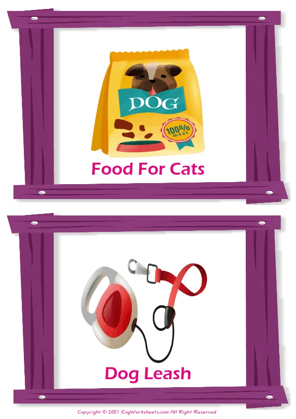 Pet Shop vocabulary worksheet with words, two images per page