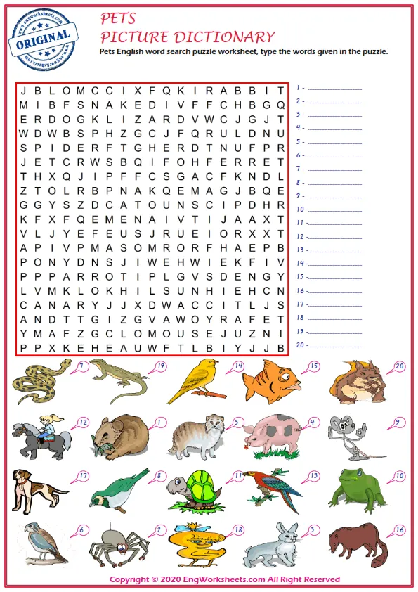 Pets English word search puzzle worksheet, type the words given in the puzzle. Worksheet Preview