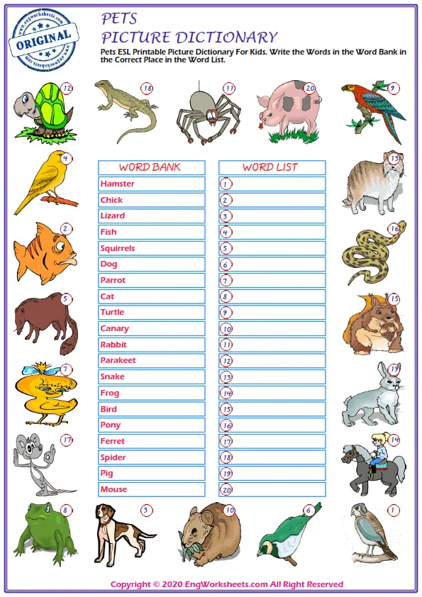 Pets ESL Printable Picture Dictionary For Kids. Write the Words in the Word Bank in the Correct Place in the Word List. Worksheet Preview