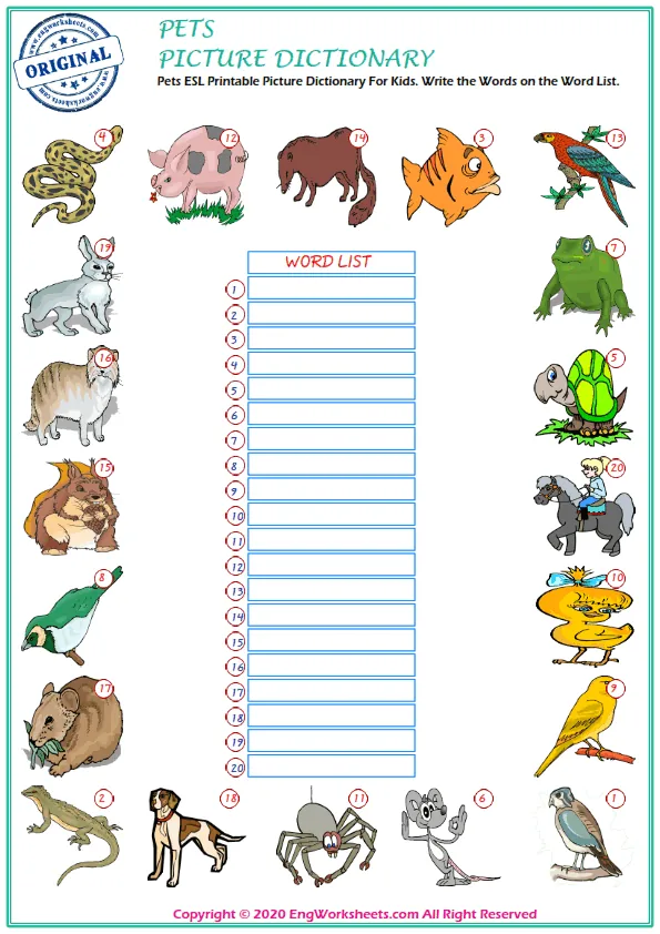 Pets ESL Printable Picture Dictionary For Kids. Write the Words on the Word List. Worksheet Preview