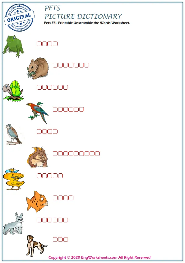 Pets ESL Printable Unscramble the Words Worksheet. Worksheet Preview