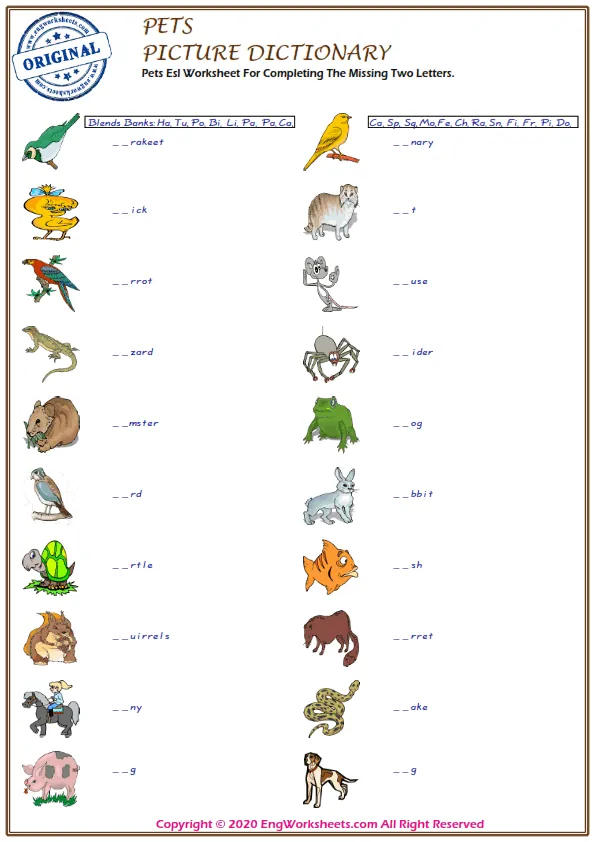 Pets Esl Worksheet For Completing The Missing Two Letters. Worksheet Preview