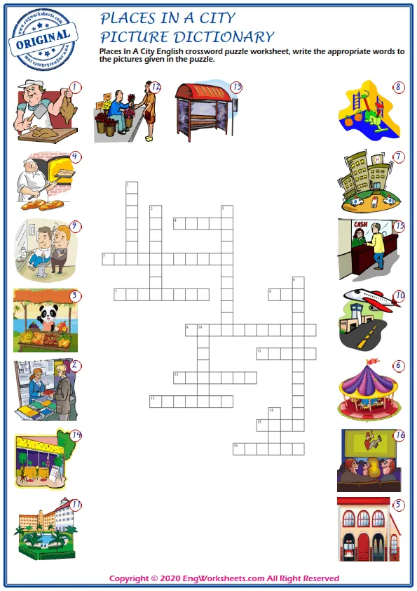 Places In A City English crossword puzzle worksheet, write the appropriate words to the pictures given in the puzzle. Worksheet Preview