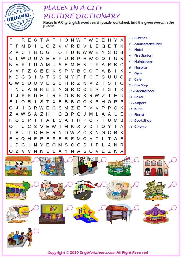 Places In A City English word search puzzle worksheet, find the given words in the puzzle.