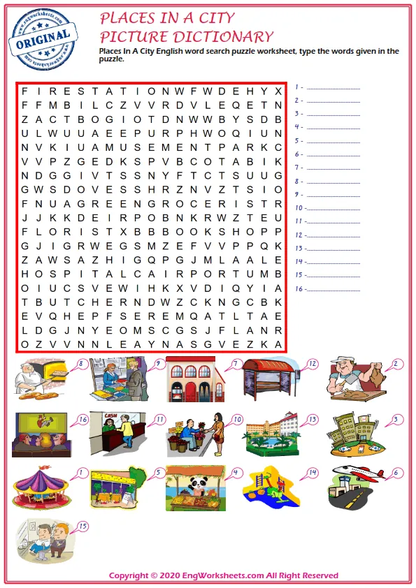 Places In A City English word search puzzle worksheet, type the words given in the puzzle. Worksheet Preview